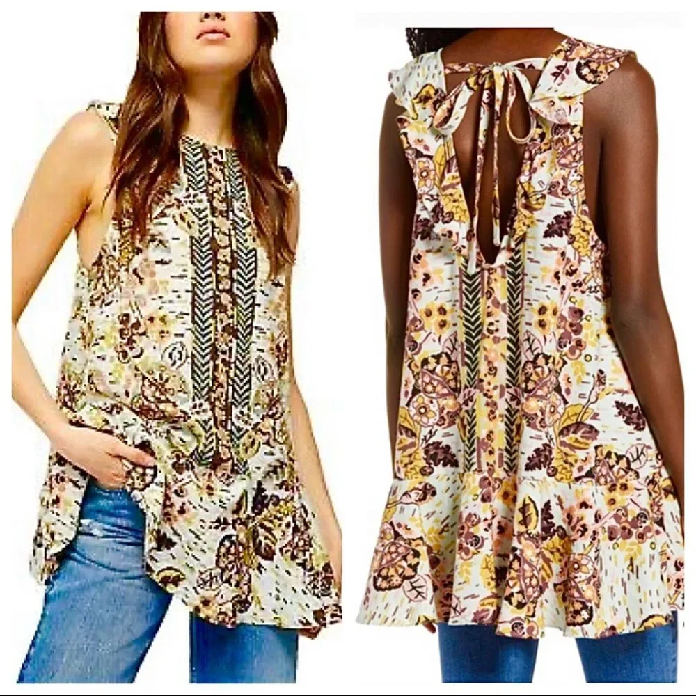 Free People Tunic Top Mini Dress Linen Blend Floral Ruffle Green NWT S